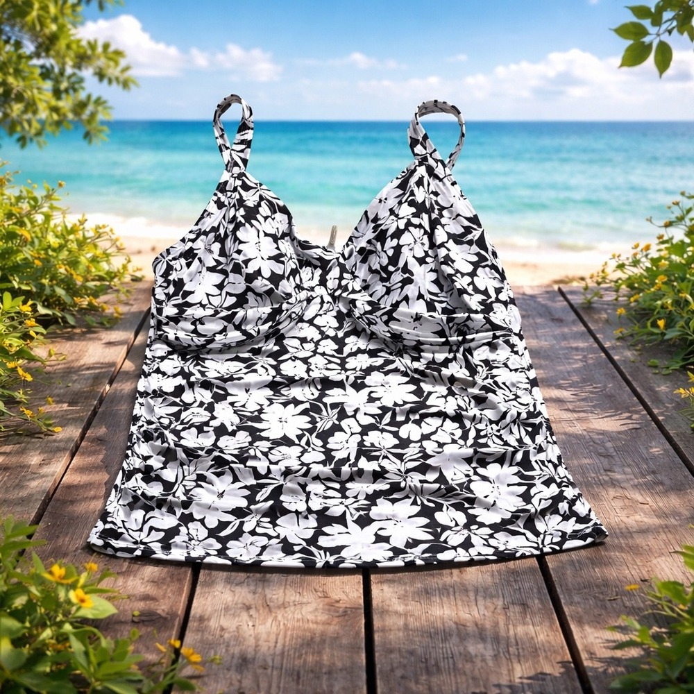 Lands End Tankini Top Floral Black White Underwire Ruched Swimwear‎ 22W